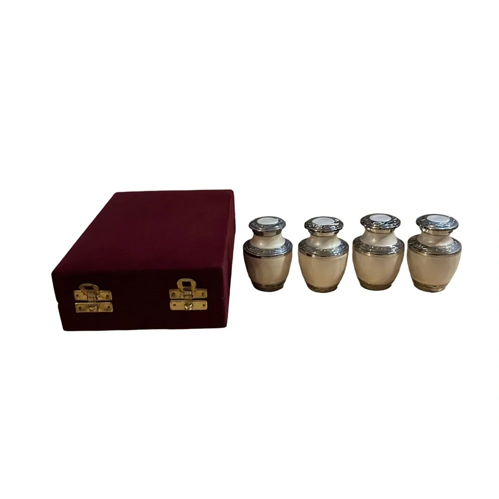 BRAND NEW! Set of 4 Pet Urn White Lacquer Sterling Silver Trim in Red Velvet Box